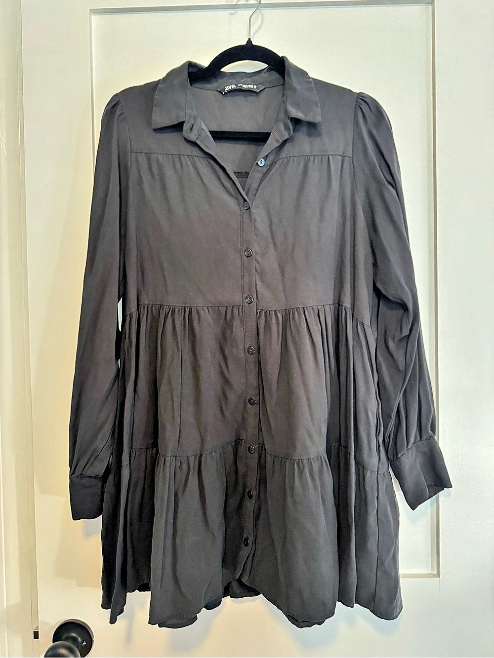 Zara Tiered Mini Shirt Dress in Black Size Medium Like New
